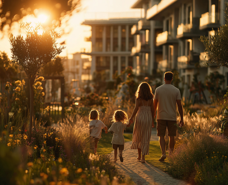 Une famille dans une ville avec des logements